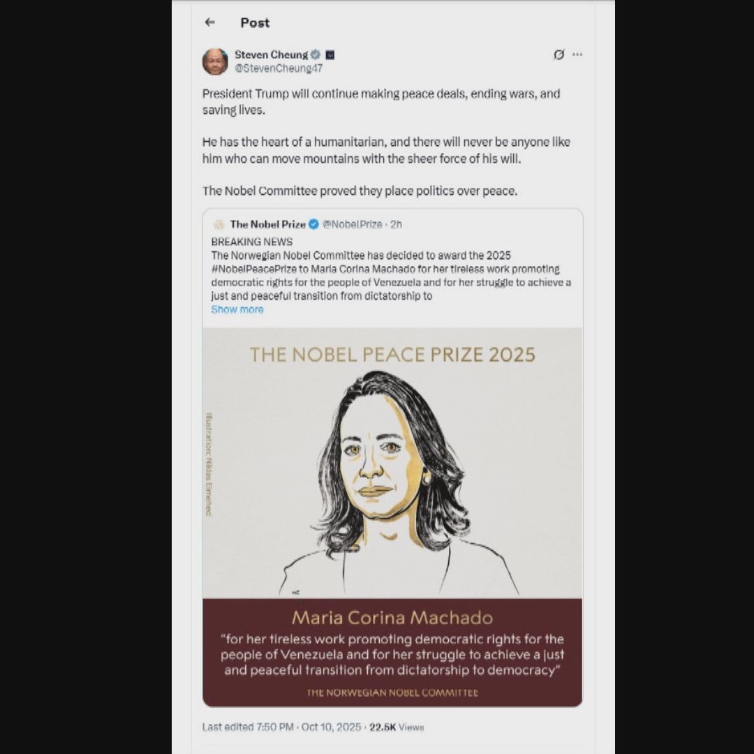 💥白宫：特朗普怒斥诺贝尔和平奖，简直是搞政治！