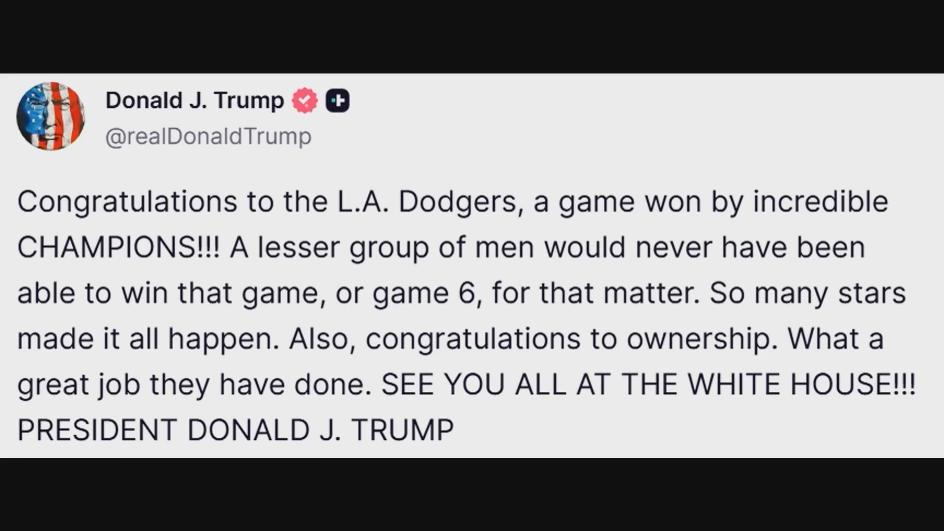 🎉 特朗普也惊呼：道奇队太棒了！连冠！